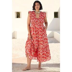 Anthropologie The Peregrine Midi Dress Pink Red Floral Plus Size Women 1X